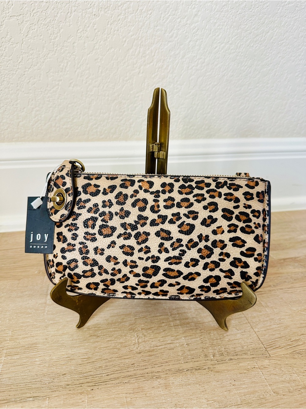 NWT Joy Susan Leopard Print Wristlet Clutch in Tan and Black